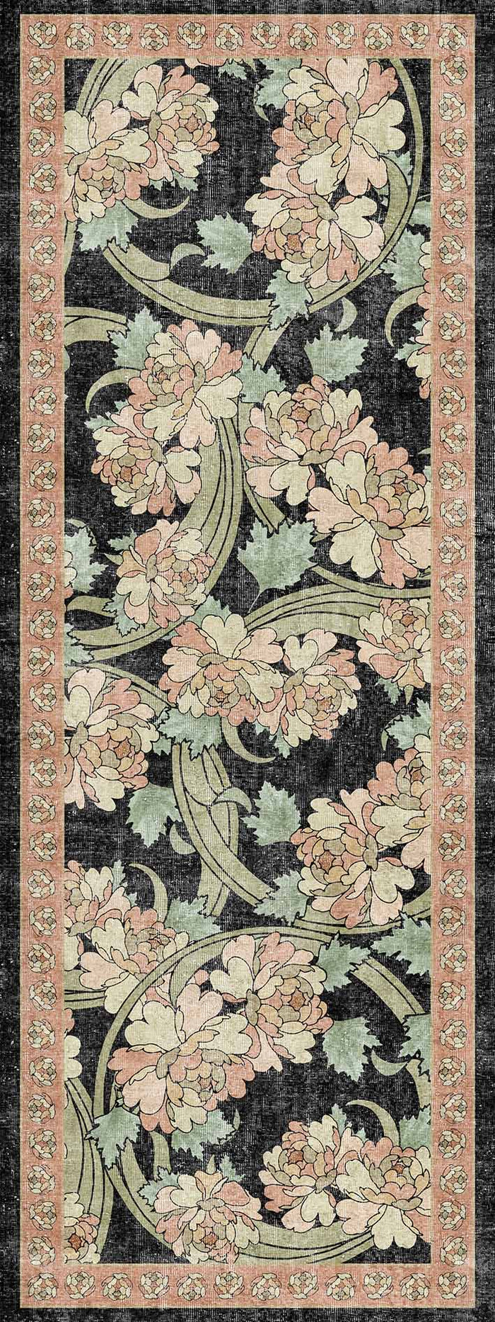 Black runner rug with a pink and sage green floral pattern and a repeating geometric border.