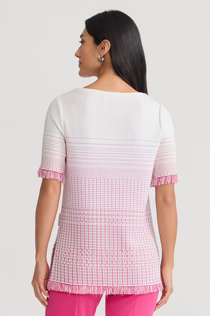 Ombre Fringe Trim Jacquard Knit Tunic, Carmine Rose/Limestone/White | Ming Wang
