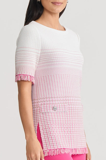 Ombre Fringe Trim Jacquard Knit Tunic, Carmine Rose/Limestone/White | Ming Wang