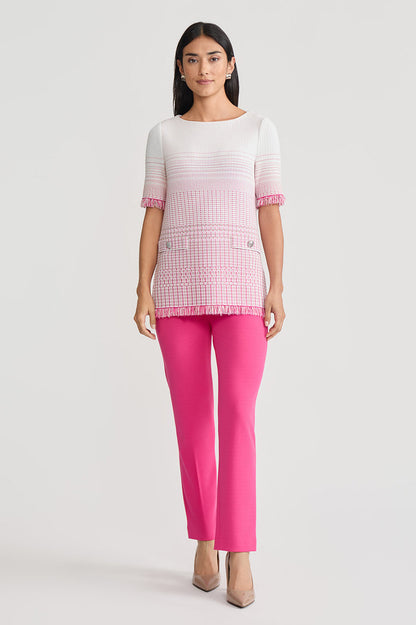 Ombre Fringe Trim Jacquard Knit Tunic, Carmine Rose/Limestone/White | Ming Wang