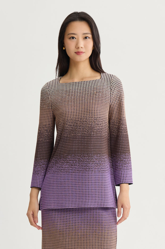 Ombre Jacquard Knit Tunic, Sunset Purple/Dark Umber/Warm Taupe/French Almond/Black | Ming Wang