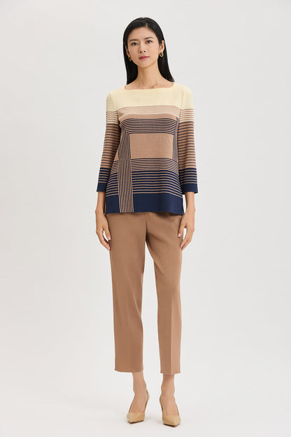 Ombre Stripe Soft Knit Tunic, Indigo/Warm Taupe/French Almond | Ming Wang