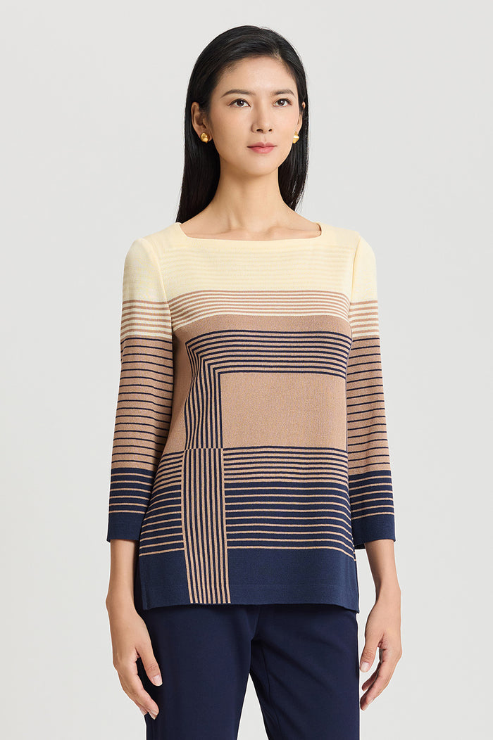 Ombre Stripe Soft Knit Tunic, Indigo/Warm Taupe/French Almond | Ming Wang