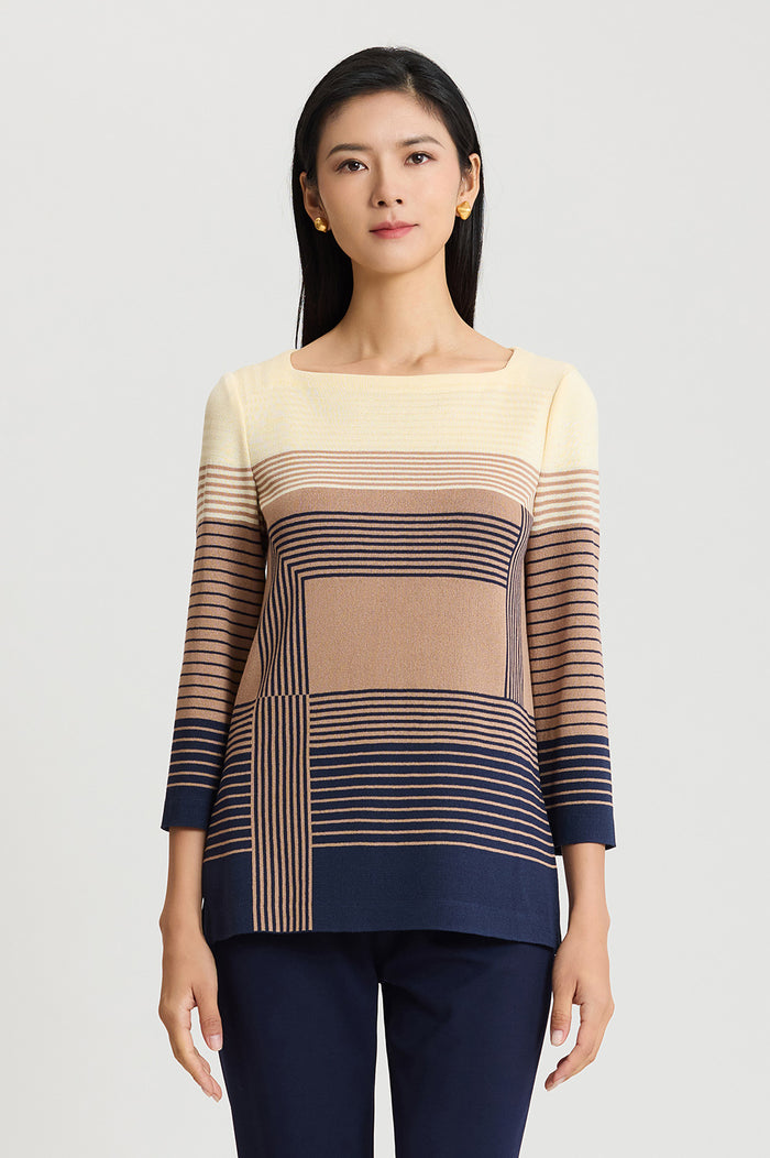 Ombre Stripe Soft Knit Tunic, Indigo/Warm Taupe/French Almond | Ming Wang