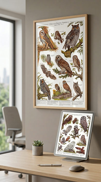 Owls Posters and Identification Charts Of North America Wall Art Print Set