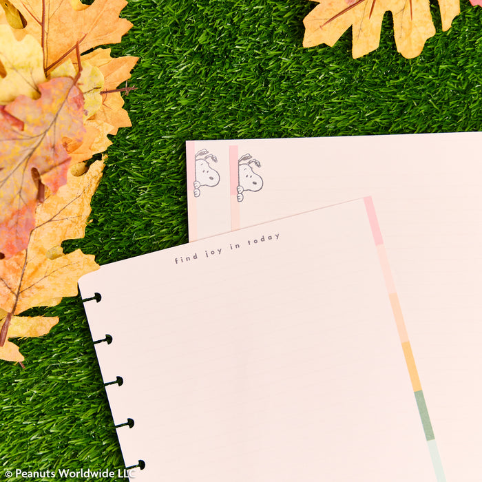 PEANUTS™ - Dotted Lined Classic Filler Paper - 40 Sheets with Snoopy illustrations, pink lined pages, and punched holes for disc bound planners
