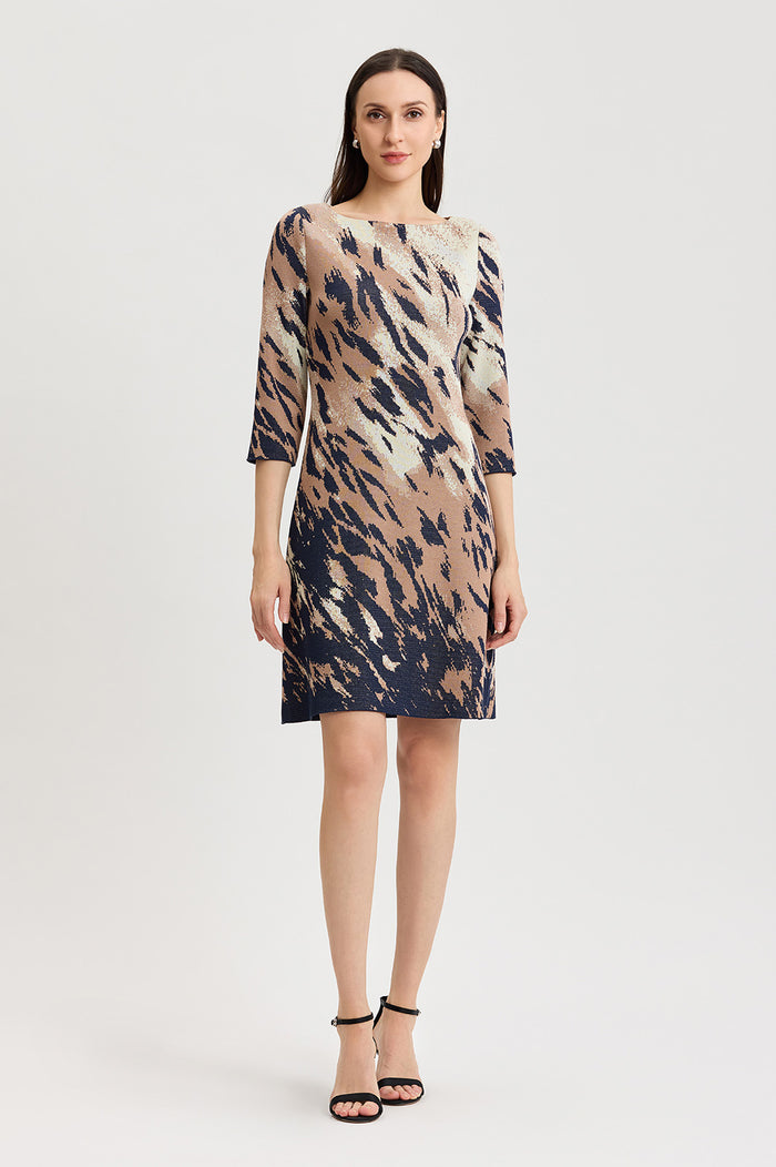 Petite A-Line Abstract Animal Print Soft Knit Dress, Warm Taupe/Indigo/French Almond/Ivory | Ming Wang