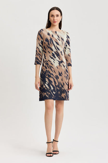 Petite A-Line Abstract Animal Print Soft Knit Dress, Warm Taupe/Indigo/French Almond/Ivory | Ming Wang