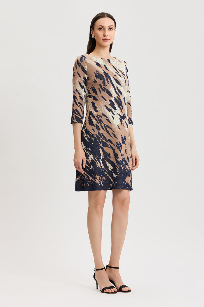 Petite A-Line Abstract Animal Print Soft Knit Dress, Warm Taupe/Indigo/French Almond/Ivory | Ming Wang