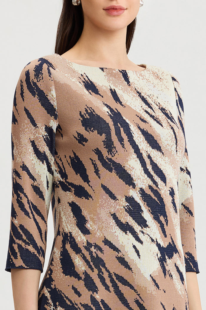 Petite A-Line Abstract Animal Print Soft Knit Dress, Warm Taupe/Indigo/French Almond/Ivory | Ming Wang