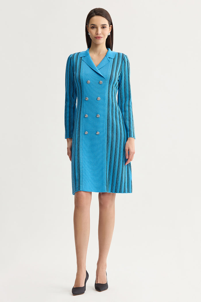 Petite A-Line Faux Double Breasted Knit Dress, Tranquil Blue/Black | Ming Wang