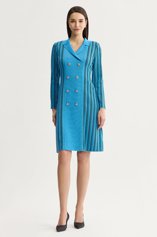 Petite A-Line Faux Double Breasted Knit Dress, Tranquil Blue/Black | Ming Wang