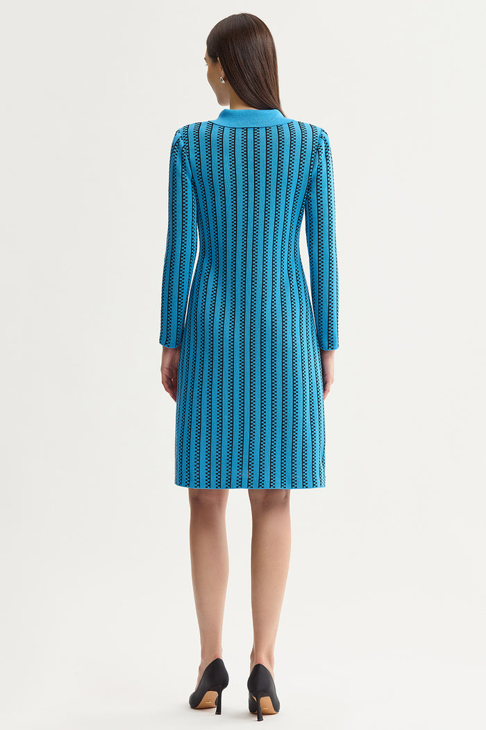 Petite A-Line Faux Double Breasted Knit Dress, Tranquil Blue/Black | Ming Wang