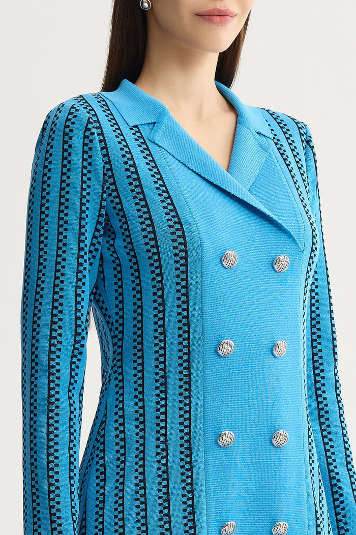 Petite A-Line Faux Double Breasted Knit Dress, Tranquil Blue/Black | Ming Wang