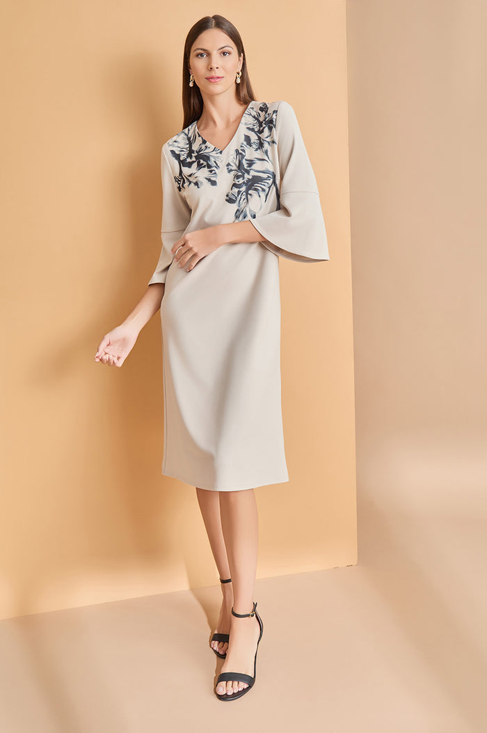 Petite A-Line Floral Printed Stretch Deco Crepe Dress, Limestone/Black | Ming Wang