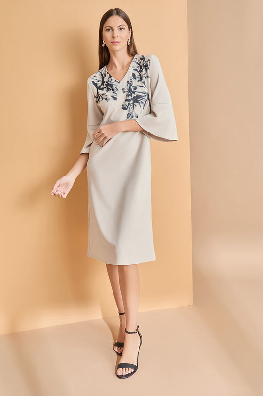 Petite A-Line Floral Printed Stretch Deco Crepe Dress, Limestone/Black | Ming Wang