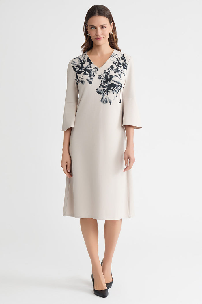 Petite A-Line Floral Printed Stretch Deco Crepe Dress, Limestone/Black | Ming Wang