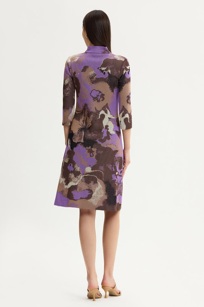 Petite A-Line Multi-Colored Jacquard Knit Dress, Sunset Purple/Dark Umber/Warm Taupe/French Almond/Black | Ming Wang