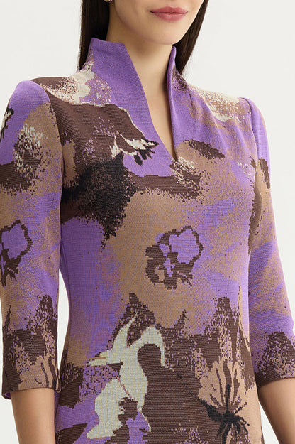 Petite A-Line Multi-Colored Jacquard Knit Dress, Sunset Purple/Dark Umber/Warm Taupe/French Almond/Black | Ming Wang