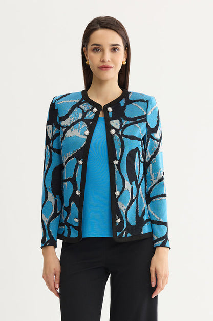 Petite Abstract Jacquard Suede Trim Knit Jacket, Tranquil Blue/Lunar Rock/Black | Ming Wang