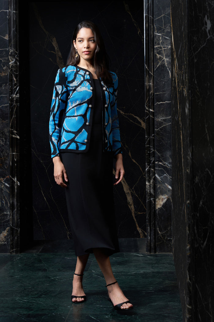 Petite Abstract Jacquard Suede Trim Knit Jacket, Tranquil Blue/Lunar Rock/Black | Ming Wang