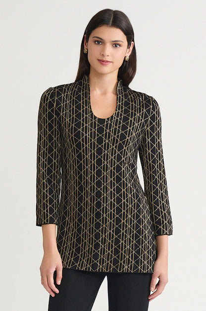 Petite Art Deco Lurex Soft Knit Tunic, Black/Gold | Ming Wang
