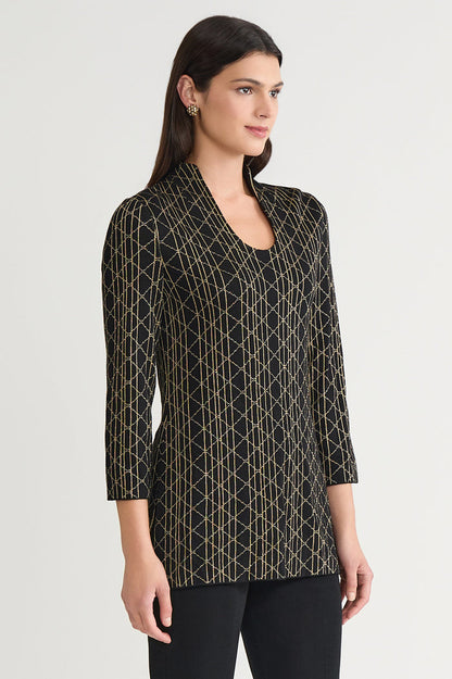 Petite Art Deco Lurex Soft Knit Tunic, Black/Gold | Ming Wang