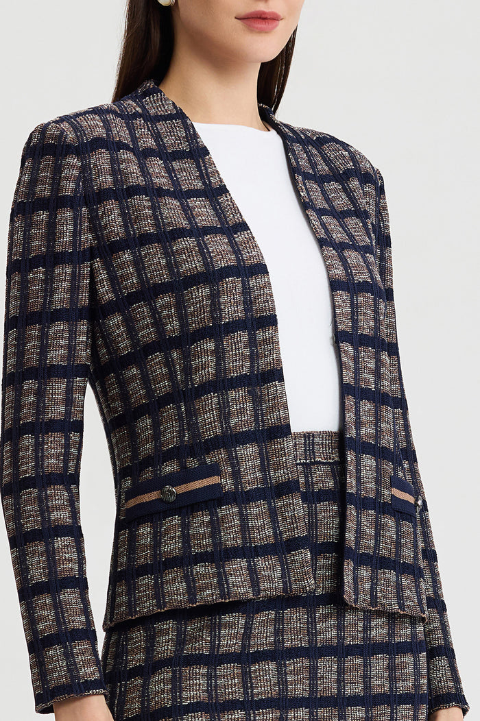 Petite Checkered Knit Jacket, Indigo/Warm Taupe/French Almond | Ming Wang