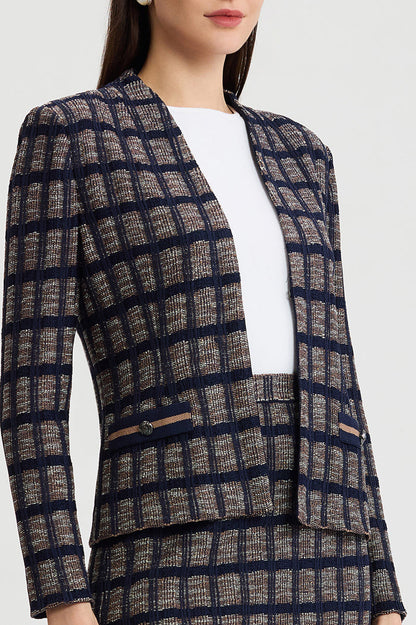 Petite Checkered Knit Jacket, Indigo/Warm Taupe/French Almond | Ming Wang