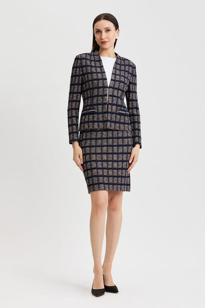 Petite Checkered Knit Jacket, Indigo/Warm Taupe/French Almond | Ming Wang