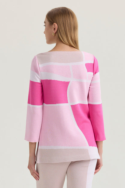 Petite Colorblock Jacquard Soft Knit Tunic, Carmine Rose/Perfect Pink/Limestone/White | Ming Wang