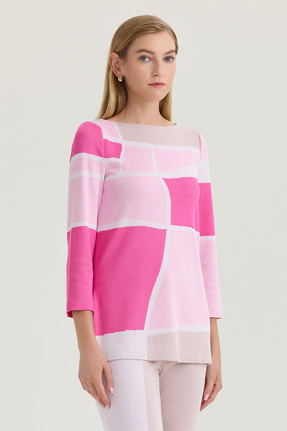 Petite Colorblock Jacquard Soft Knit Tunic, Carmine Rose/Perfect Pink/Limestone/White | Ming Wang