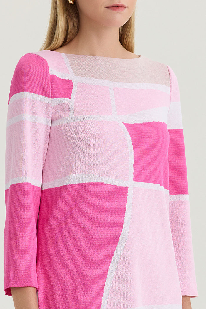 Petite Colorblock Jacquard Soft Knit Tunic, Carmine Rose/Perfect Pink/Limestone/White | Ming Wang
