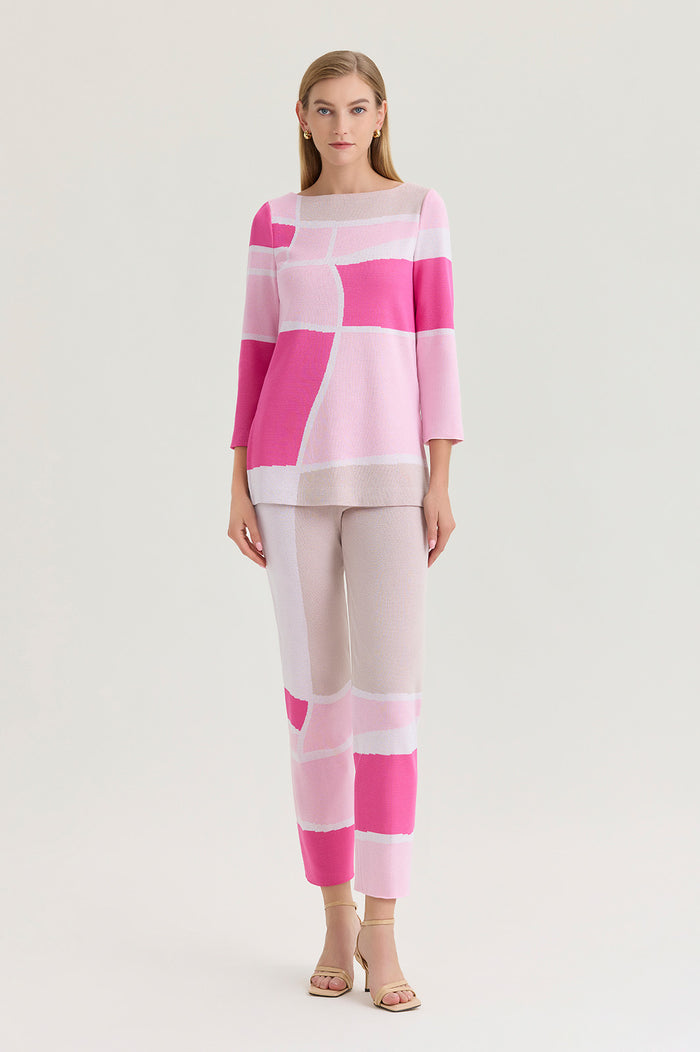 Petite Colorblock Jacquard Soft Knit Tunic, Carmine Rose/Perfect Pink/Limestone/White | Ming Wang