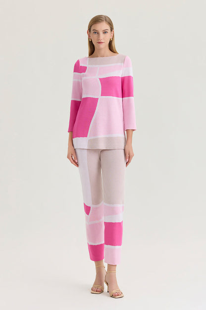 Petite Colorblock Jacquard Soft Knit Tunic, Carmine Rose/Perfect Pink/Limestone/White | Ming Wang