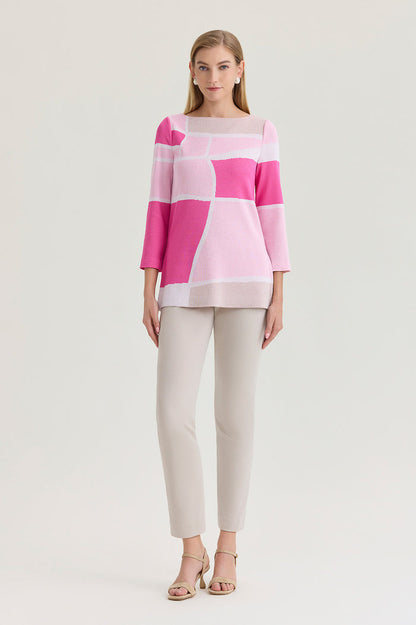 Petite Colorblock Jacquard Soft Knit Tunic, Carmine Rose/Perfect Pink/Limestone/White | Ming Wang