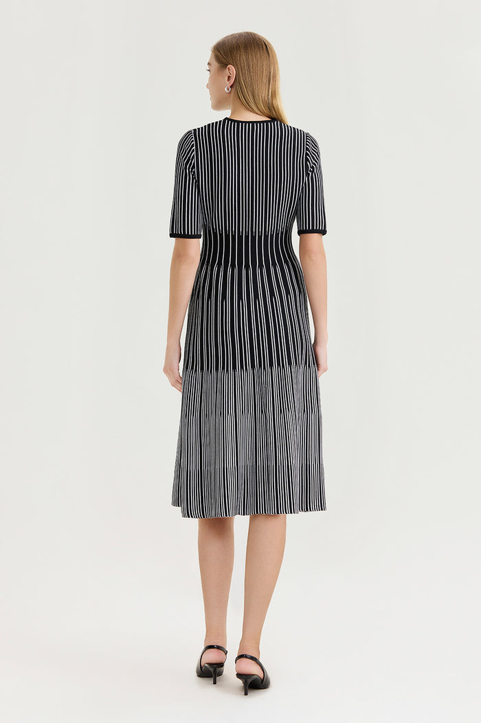 Petite Fit-N-Flare Linear Soft Knit Midi Dress, Black/White | Ming Wang