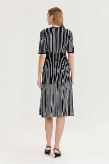 Petite Fit-N-Flare Linear Soft Knit Midi Dress, Black/White | Ming Wang