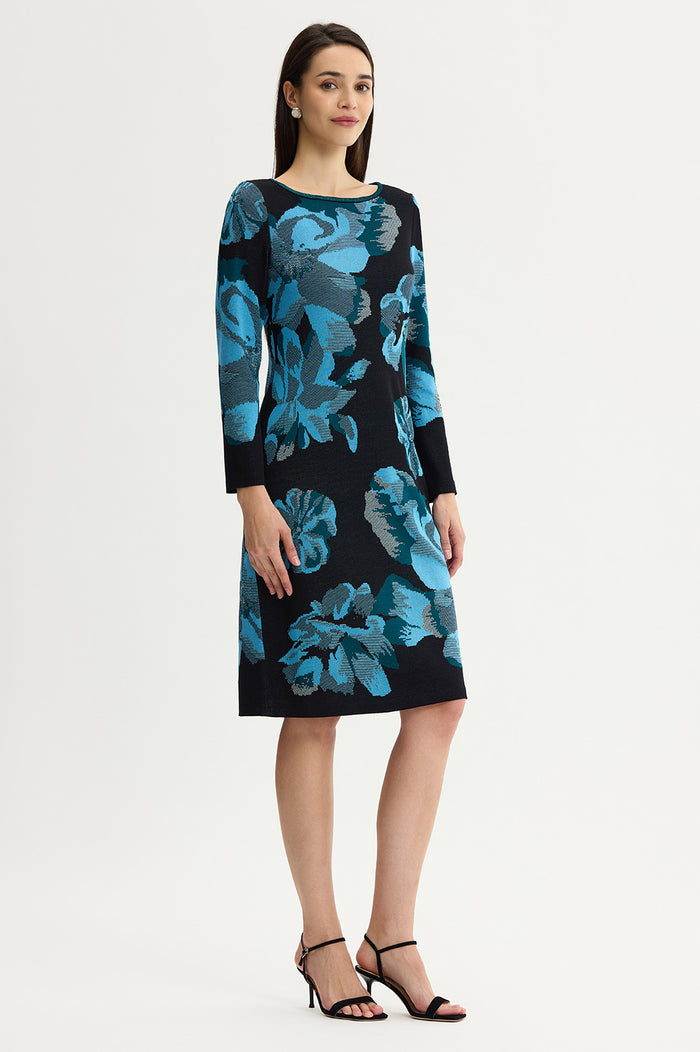 Petite Floral Jacquard Soft Knit Midi Dress, Deep Teal/Tranquil Blue/French Almond/Black | Ming Wang