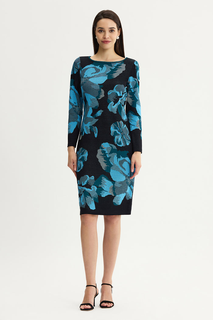 Petite Floral Jacquard Soft Knit Midi Dress, Deep Teal/Tranquil Blue/French Almond/Black | Ming Wang
