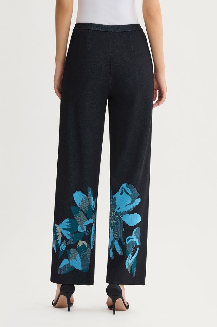 Petite Floral Jacquard Soft Knit Pant, Deep Teal/Tranquil Blue/French Almond/Black | Ming Wang