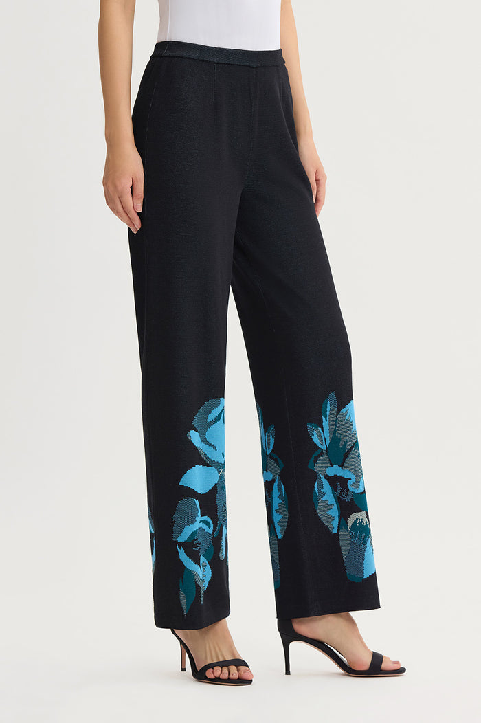 Petite Floral Jacquard Soft Knit Pant, Deep Teal/Tranquil Blue/French Almond/Black | Ming Wang