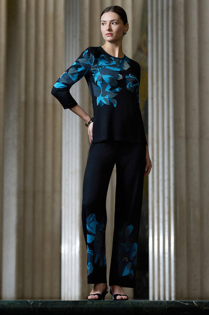 Petite Floral Jacquard Soft Knit Pant, Deep Teal/Tranquil Blue/French Almond/Black | Ming Wang