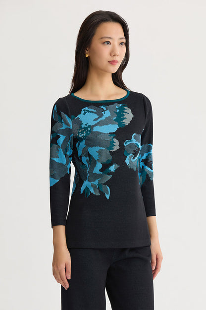 Petite Floral Jacquard Soft Knit Tunic, Deep Teal/Tranquil Blue/French Almond/Black | Ming Wang