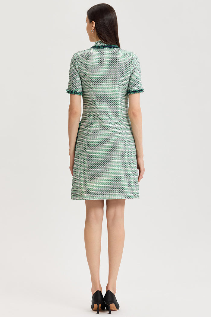 Petite Fringe Trim Jacquard Basketweave Knit Sheath Dress, Kelly Green/Indigo/Ivory | Ming Wang