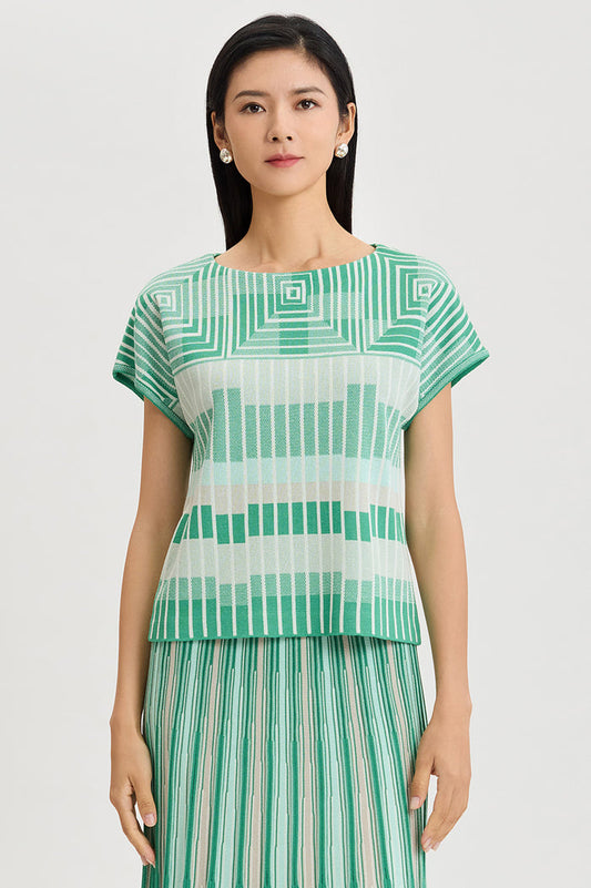 Petite Geometric Jacquard Soft Knit Top, Kelly Green/Eucalyptus/Limestone/Ivory | Ming Wang