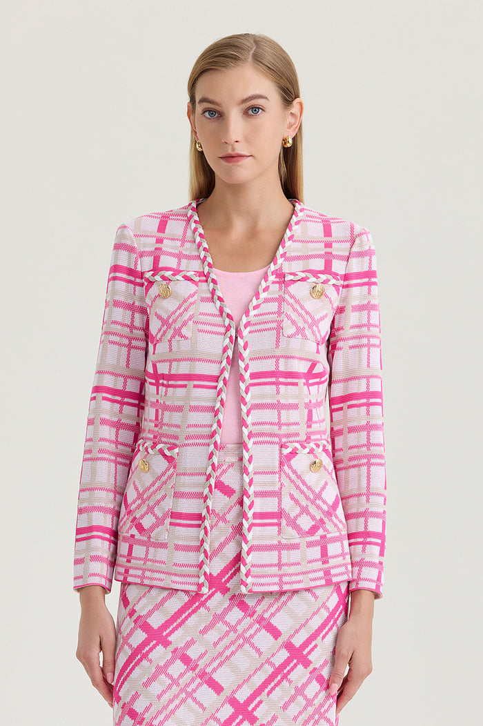 Petite Heritage Braided Trim Plaid Knit Jacket, Carmine Rose/Perfect Pink/Limestone/White | Ming Wang