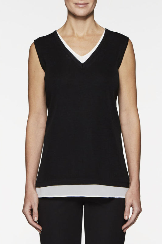Petite Layered V-Neck Knit Tank, Black/White | Ming Wang