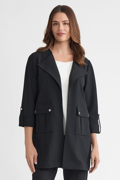 Petite Heritage Lightweight Stretch Deco Crepe Wing Collar Jacket, Black, Black | Ming Wang