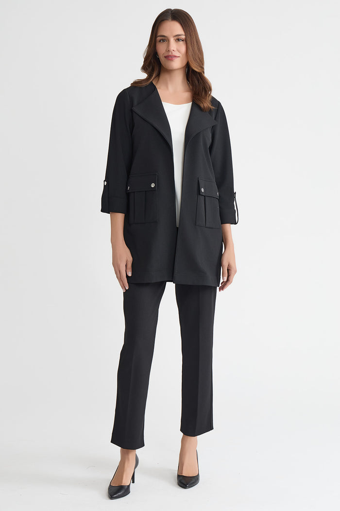 Petite Heritage Lightweight Stretch Deco Crepe Wing Collar Jacket, Black, Black | Ming Wang